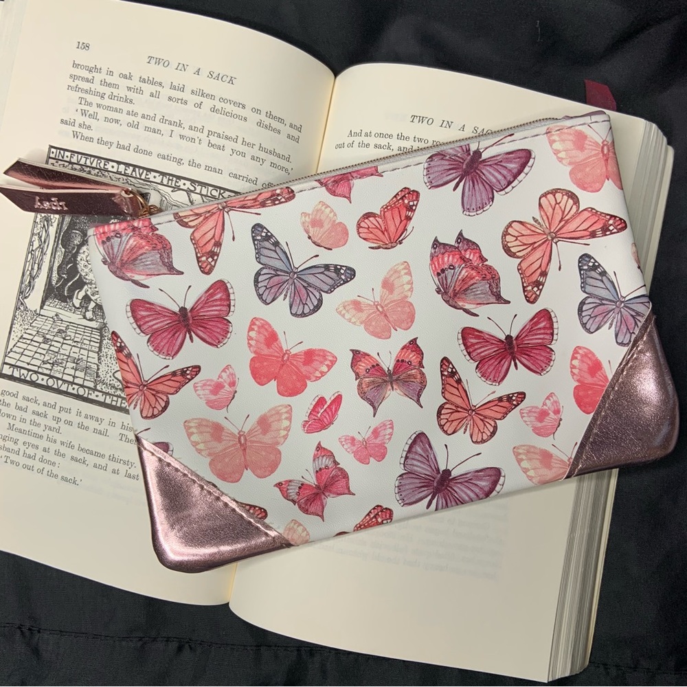 Ipsy Pink and Purple Butterfly Print Metallic Mini Cosmetic Travel Bag